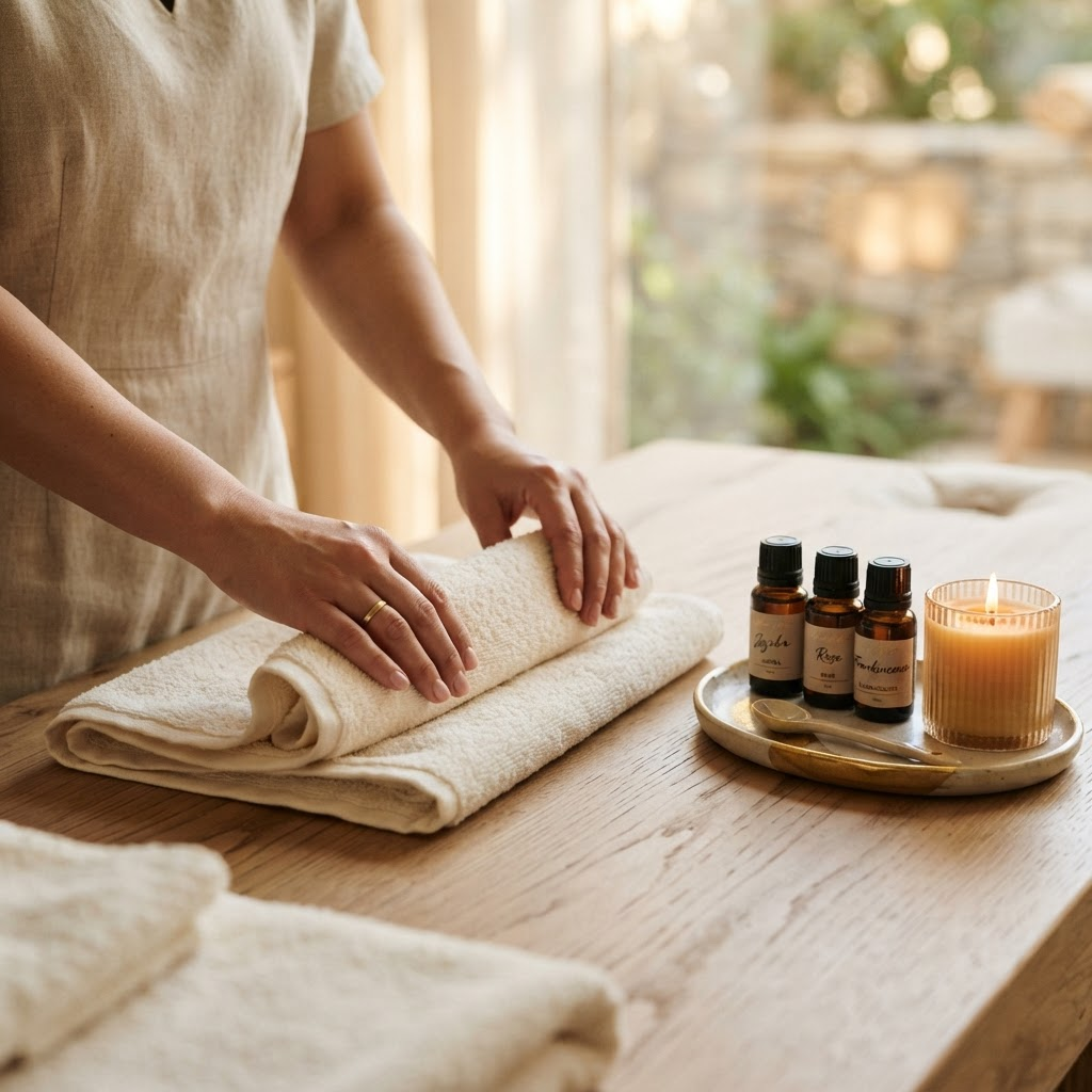 Therapist preparing warm towels and oils in a calm studio