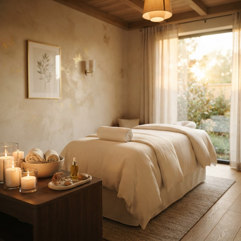 Serene candlelit massage treatment room with a linen-draped table